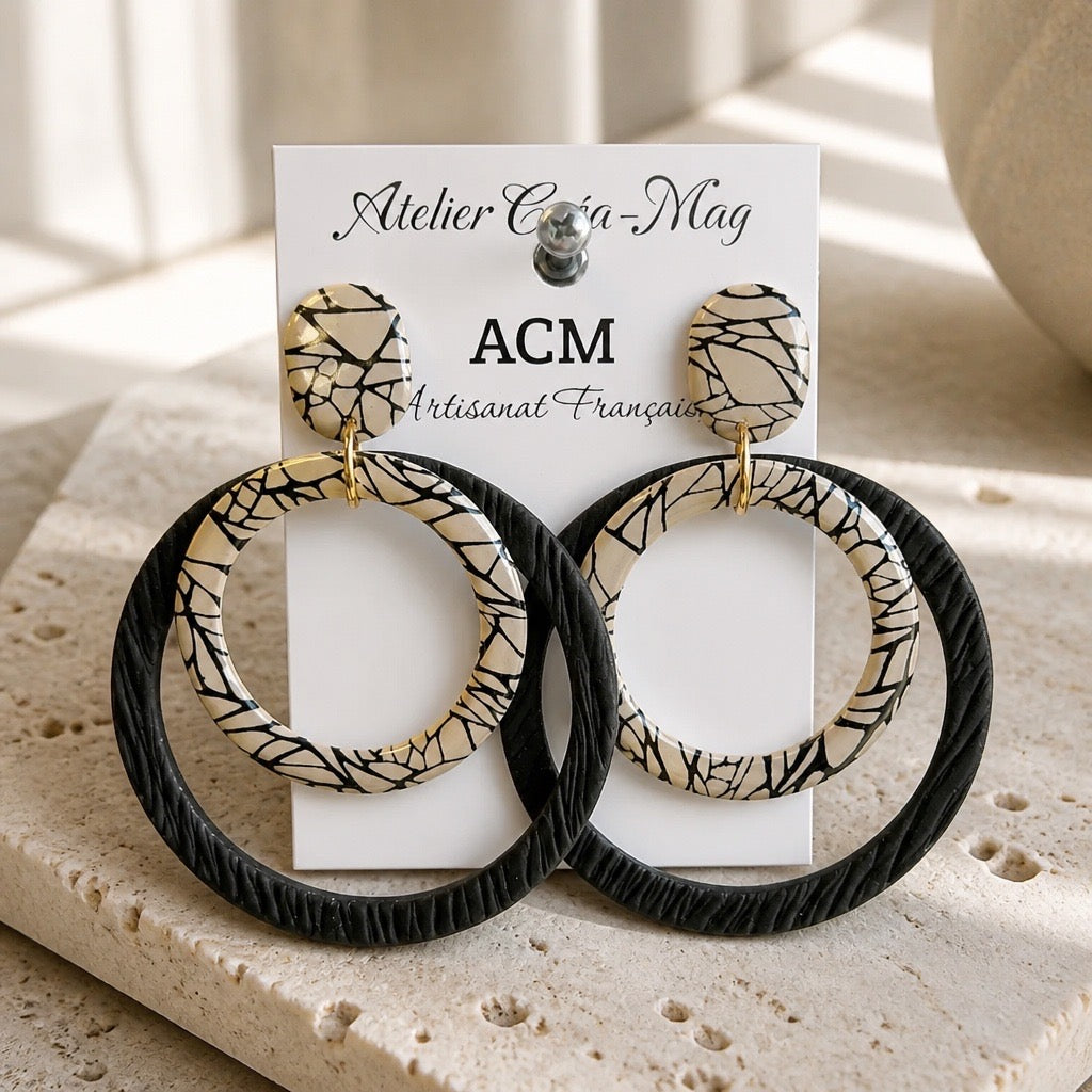 Boucles d’oreilles Élégance Noire et Écrue. XL