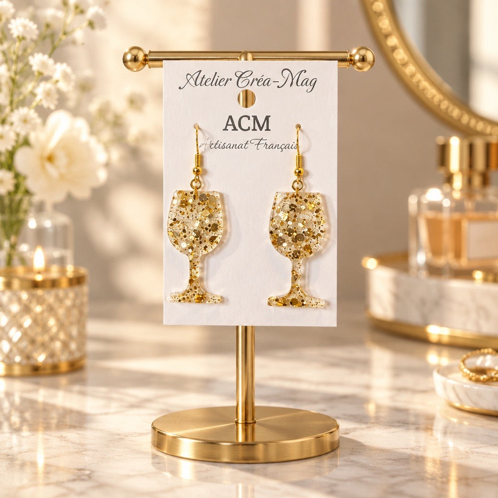Boucles d’oreilles artisanales « Verres à pied scintillants » paillettes dorées