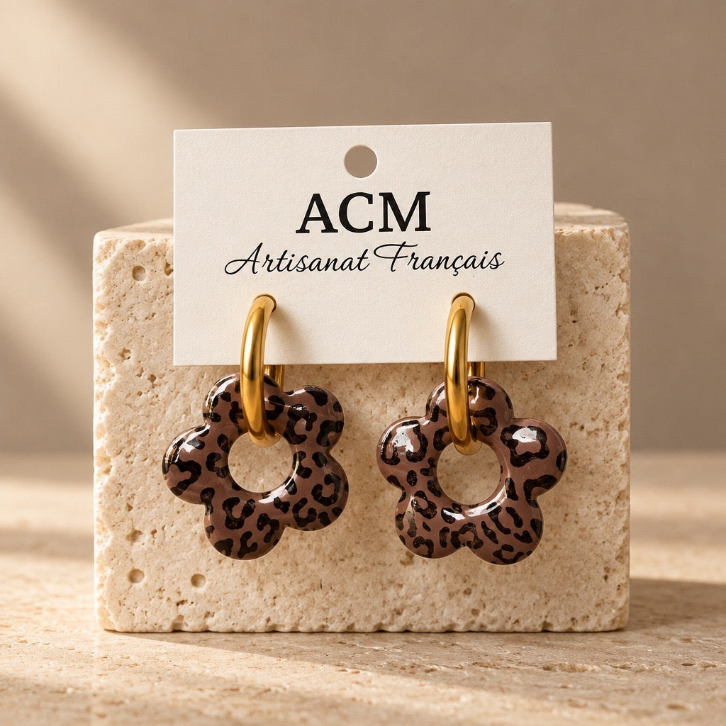 Boucles d’oreilles fleurs léopard marron