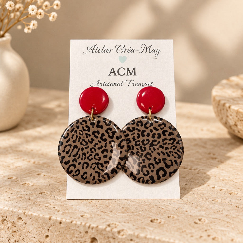 Boucles d’oreilles léopard rondes rouges