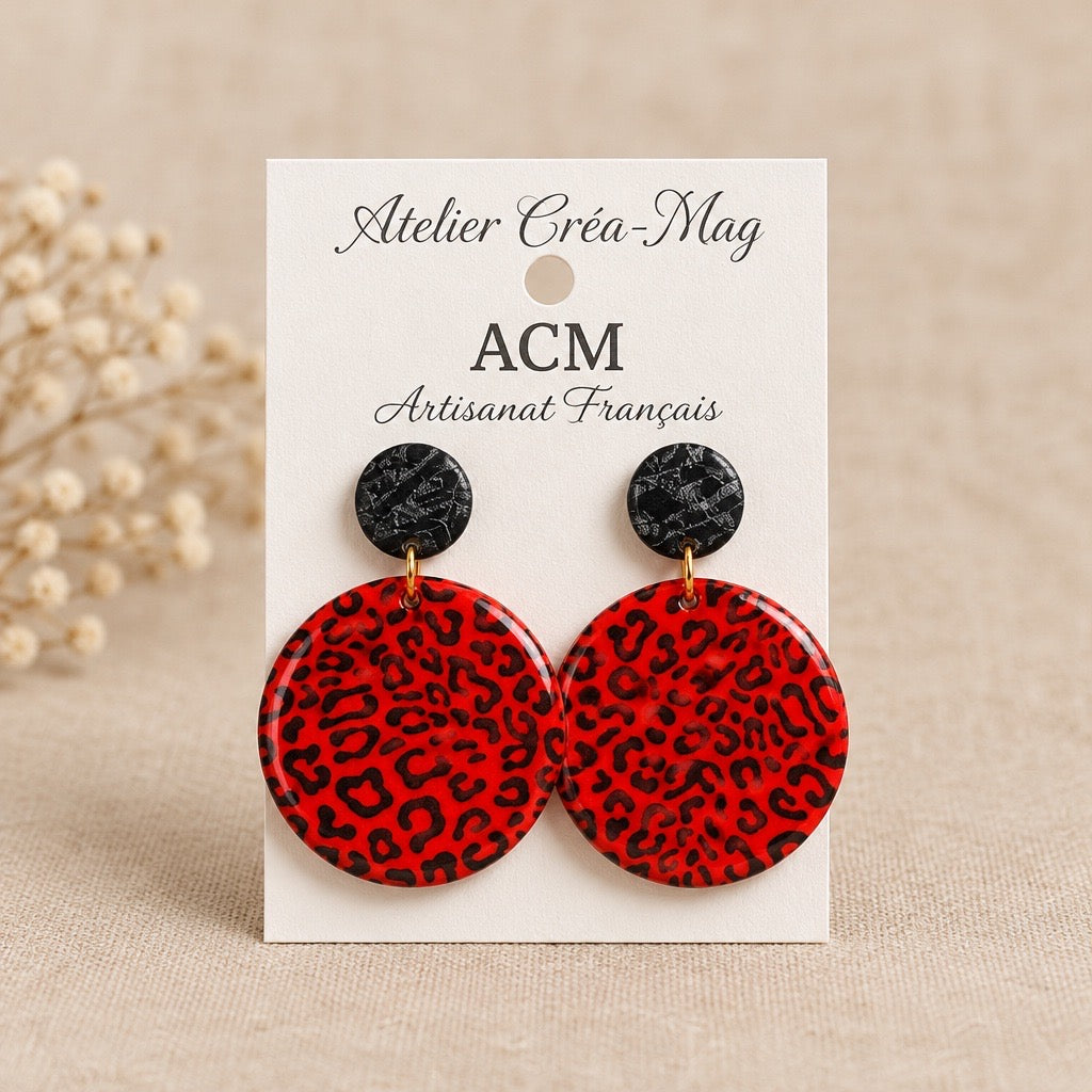 Boucles d’oreilles rondes léopard rouge et noir