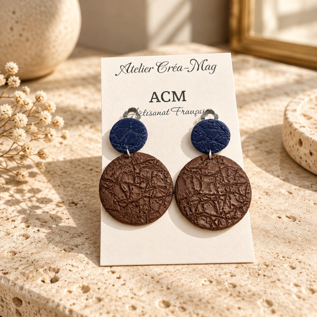 Boucles d’oreilles Clips Chocolat-Marine