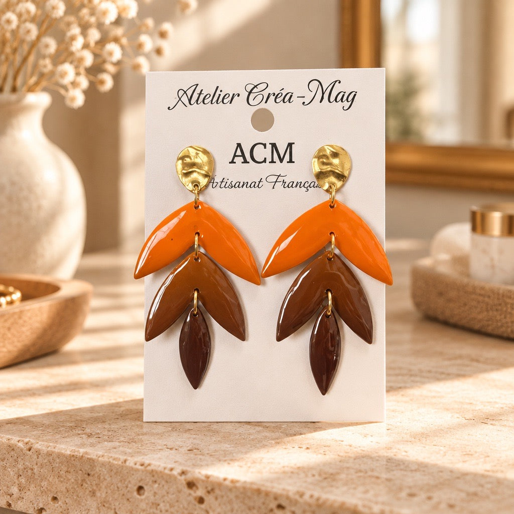 Boucles d’oreilles artisanales Feuilles d’automne – Orange et chocolat