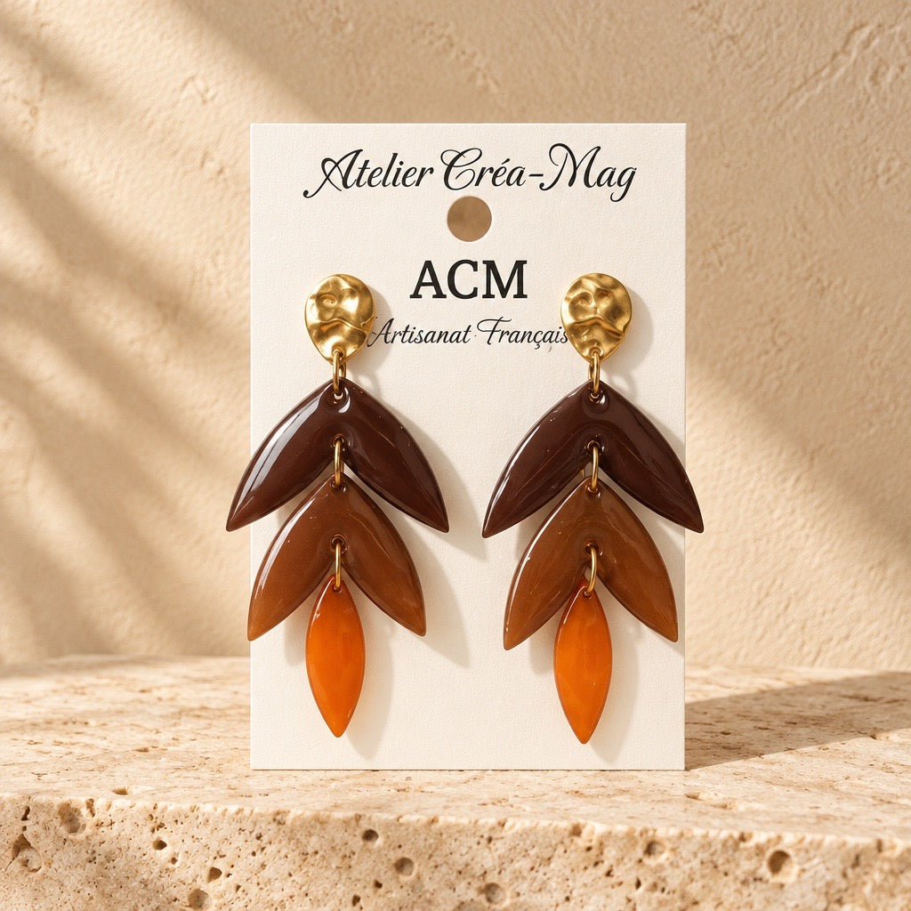 Boucles d’oreilles artisanales Feuilles d’automne – Chocolat, caramel et ambre